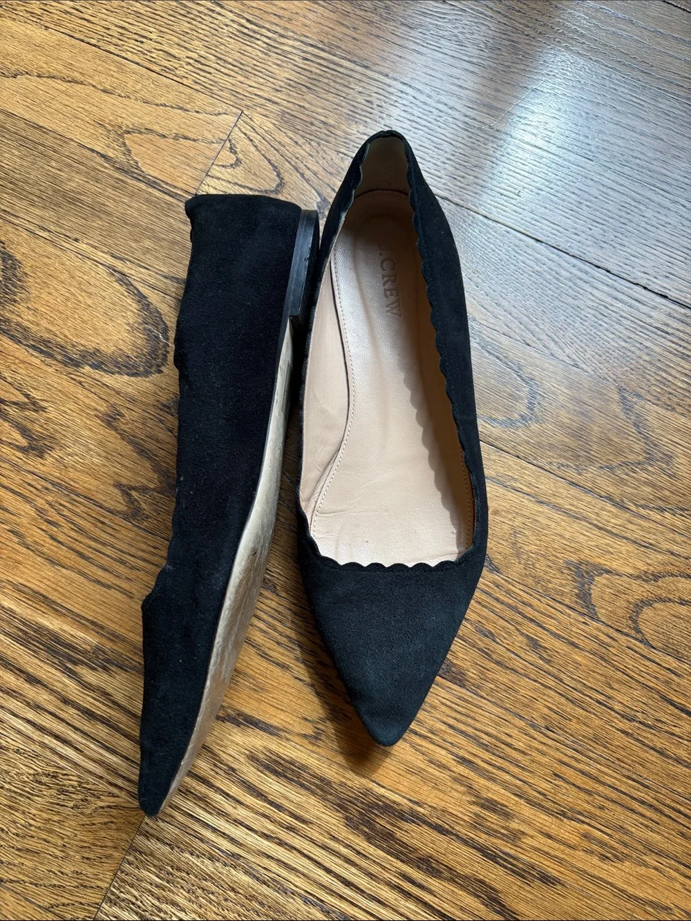 J. Crew Black Scalloped Pointed Toe Flats, 8, suede